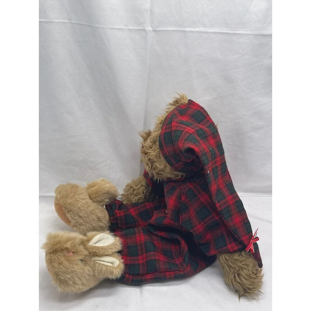 Vintage Teddy Bear in Plaid PJ bunny slippers sleeping cap red Stuffed Animal